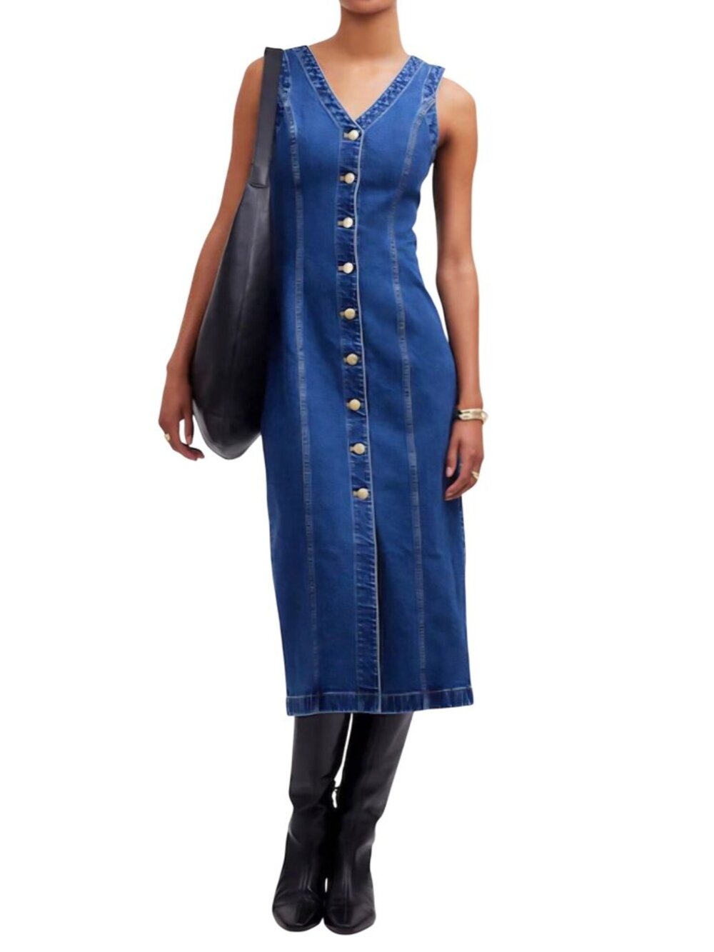 Madewell Denim V Neck Midi Dress Sleeveless Button Front Mid Wash Size 12